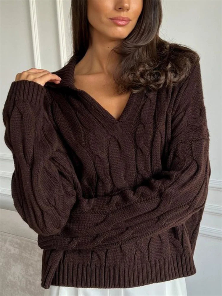 Tossy Loose Lapel Patchwork Sweater Pullover Female Solid Long Sleeve High Waist Y2k Top Knitwear Baggy Autumn Oversized Sweater