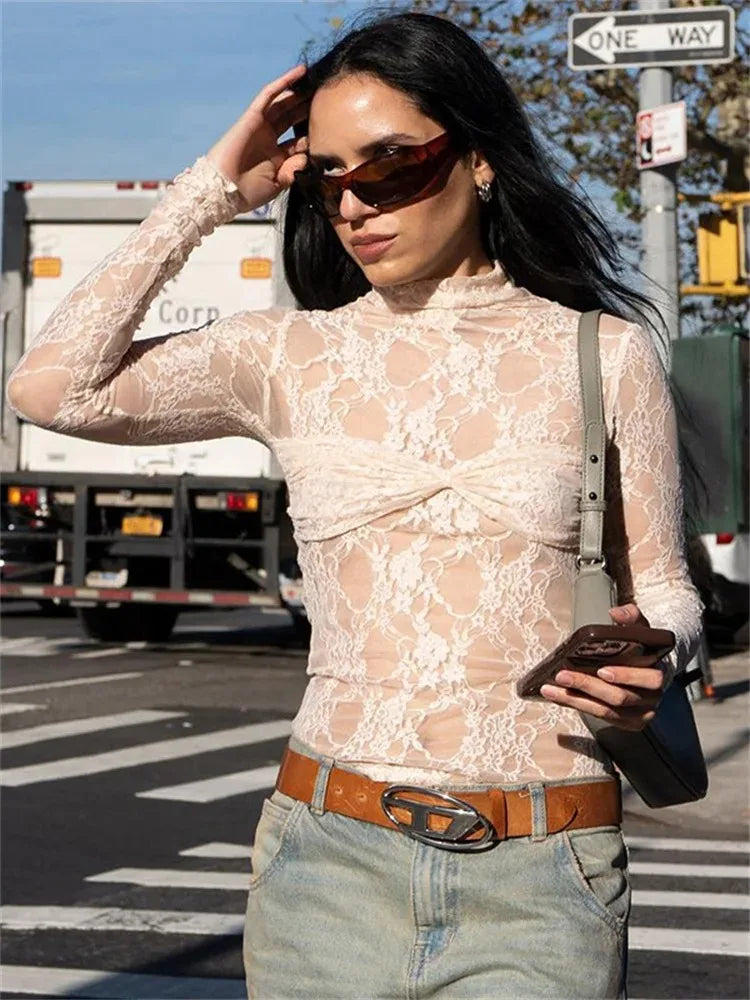 Tossy Mesh Printed See-Through Long Sleeve Lace Patchwork Top for Women Summer 2024