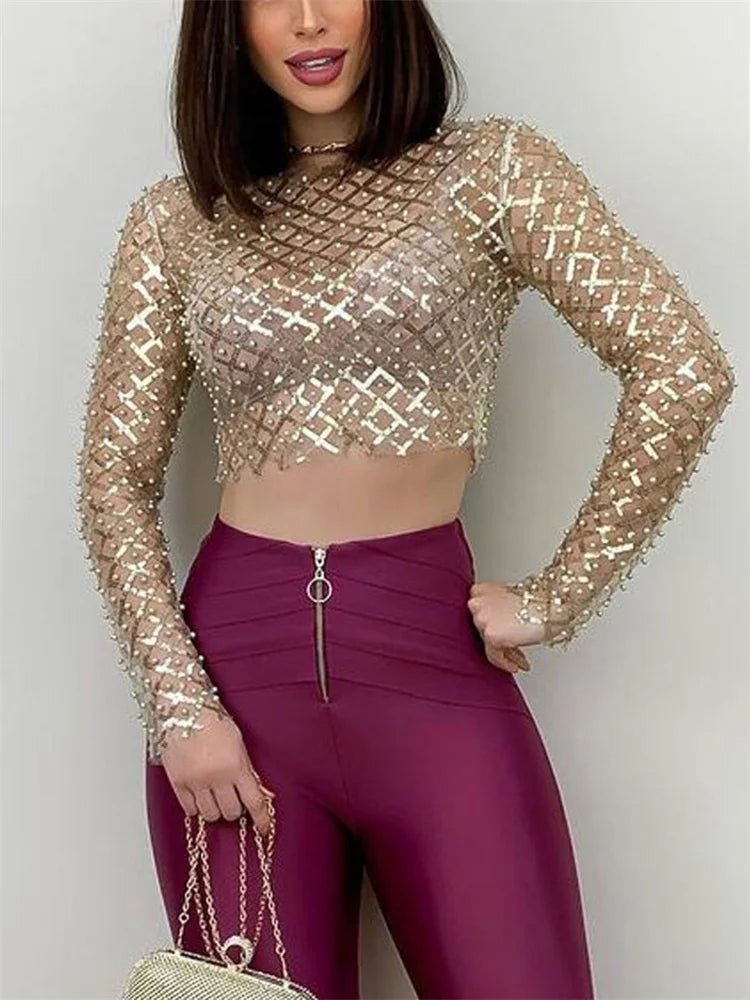 Tossy New Rhinestone Beading Top Mesh Sheer See Through Long Sleeve Tops Tee Shirt Women Crop Top With Sliver Beading Pearl