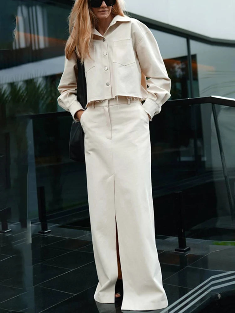 Tossy New Skirt Sets For Women Full Sleeve Shirt High waisted Split Long Skirt Two-Piece Solid Color Loose Lady Summer 2024 New