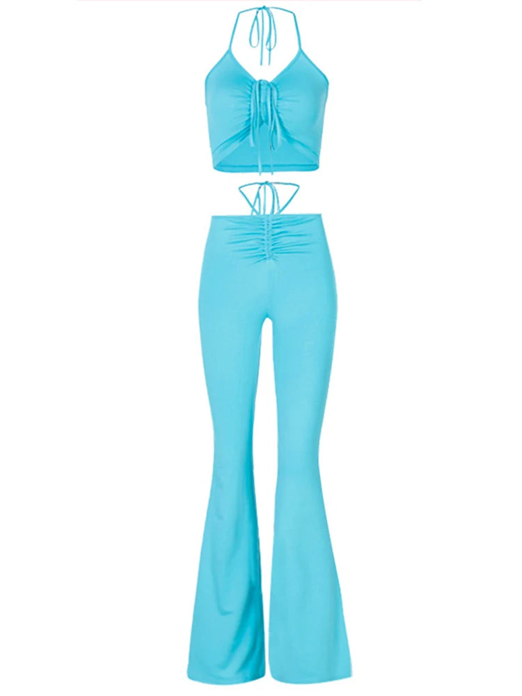 Tossy New Two Piece Set For Women Halter Top And Pants Drawstring Matching Sets Blue High Waist Hollow Out Outfits Streetwear