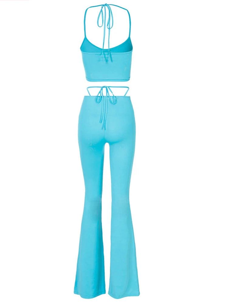 Tossy New Two Piece Set For Women Halter Top And Pants Drawstring Matching Sets Blue High Waist Hollow Out Outfits Streetwear