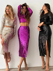 Tossy Night Club 2 Piece-Set Maxi Skirt Female Sequin Cropped Top And High Waist Split Long Skirt Sets Glitter Fashion Outfits