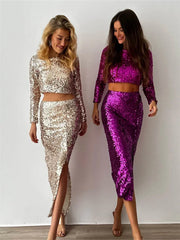 Tossy Night Club 2 Piece-Set Maxi Skirt Female Sequin Cropped Top And High Waist Split Long Skirt Sets Glitter Fashion Outfits