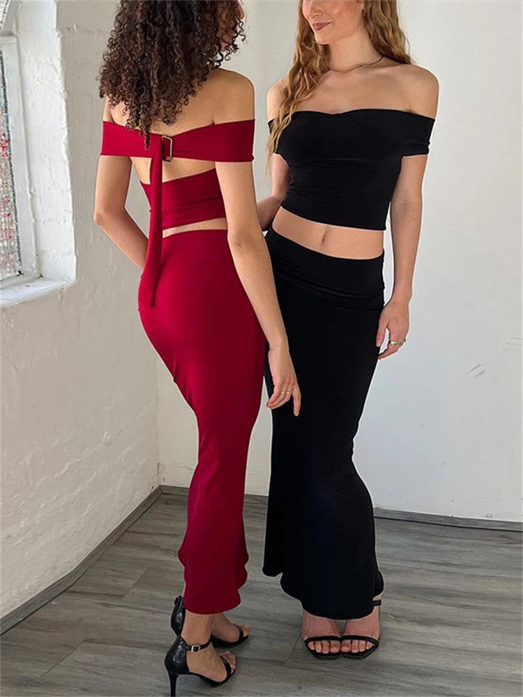 Tossy Off Shoulder Backless Vestidos Two Piece Dress Sets For Women Evening Party Club Long Skirt Sets Outfits 2023 New Dress