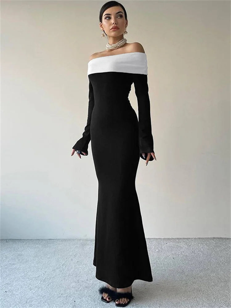 Tossy Off-Shoulder Patchwork Slim Maxi Dress For Women Long Sleeve High Waist Elegant Backless Party Dress Female Autumn Outfit