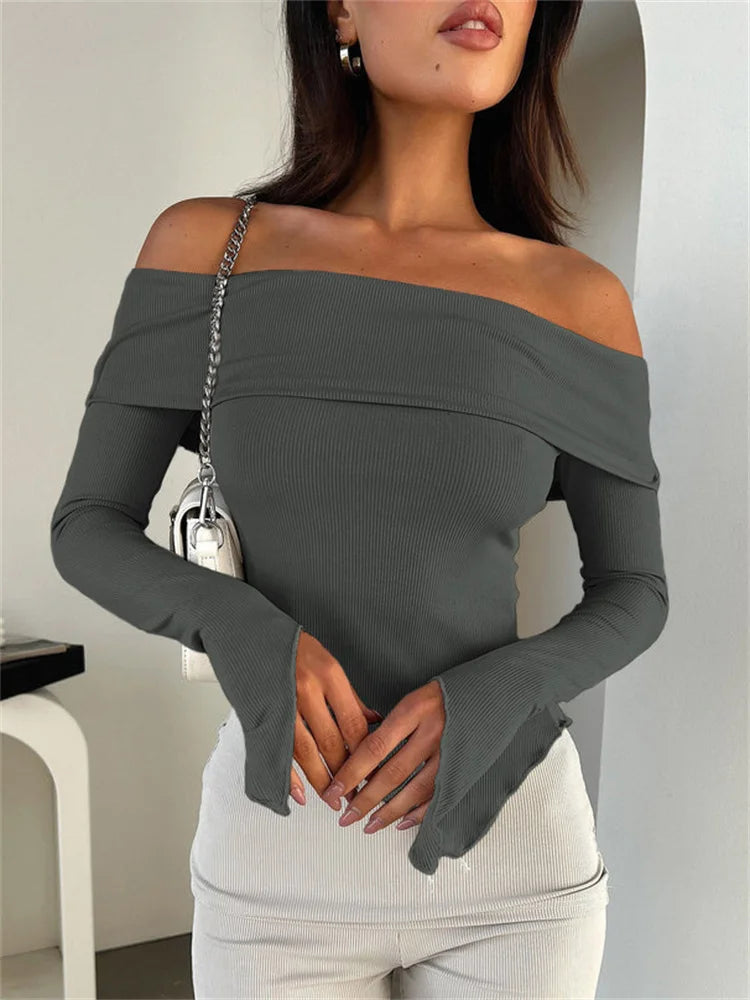 Tossy Off-Shoulder Ribbed Slim Crop Top Tee Long Sleeve Patchwork Elegant Y2K Top Solid Female T-Shirt