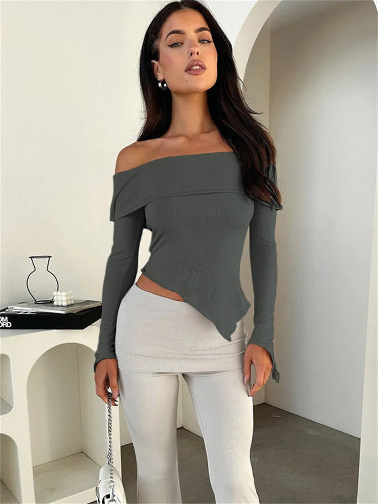 Tossy Off-Shoulder Ribbed Slim Crop Top Tee Long Sleeve Patchwork Elegant Y2K Top Solid Female T-Shirt