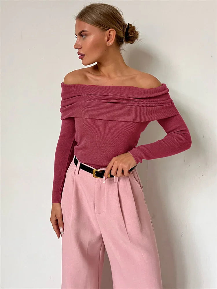 Tossy Off-Shoulder Sexy Knit Pullover Sweater For Women Mesh See-Through Long Sleeve Backless Y2k Top Fashion Knitwear Pullover