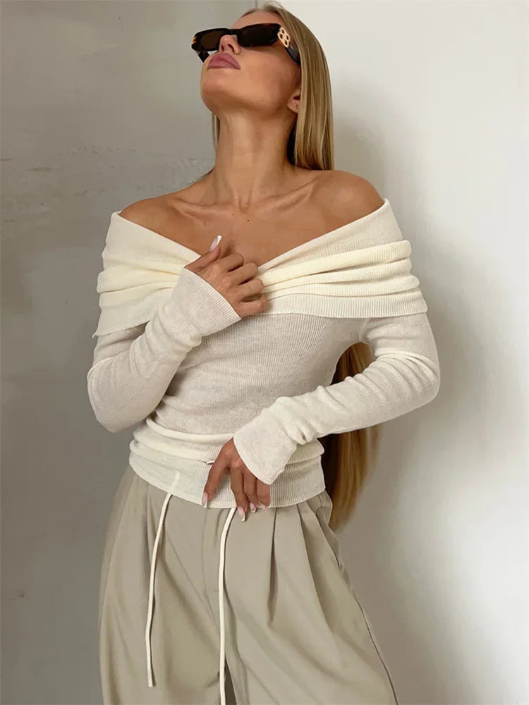 Tossy Off-Shoulder Sexy Knit Pullover Sweater For Women Mesh See-Through Long Sleeve Backless Y2k Top Fashion Knitwear Pullover