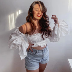 Tossy Off-shoulder Ruffle Bandage Camis Women Slim Full Sleeves Tank Tops White Chiffon Backless Ruffle Crop Tops 2021 Fashion