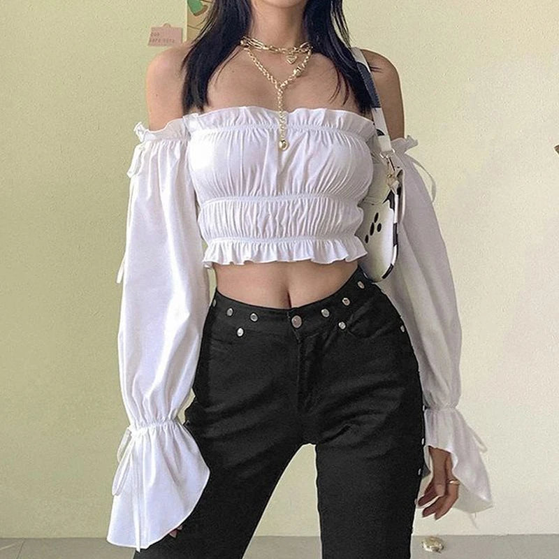 Tossy Off-shoulder Ruffle Bandage Camis Women Slim Full Sleeves Tank Tops White Chiffon Backless Ruffle Crop Tops 2021 Fashion