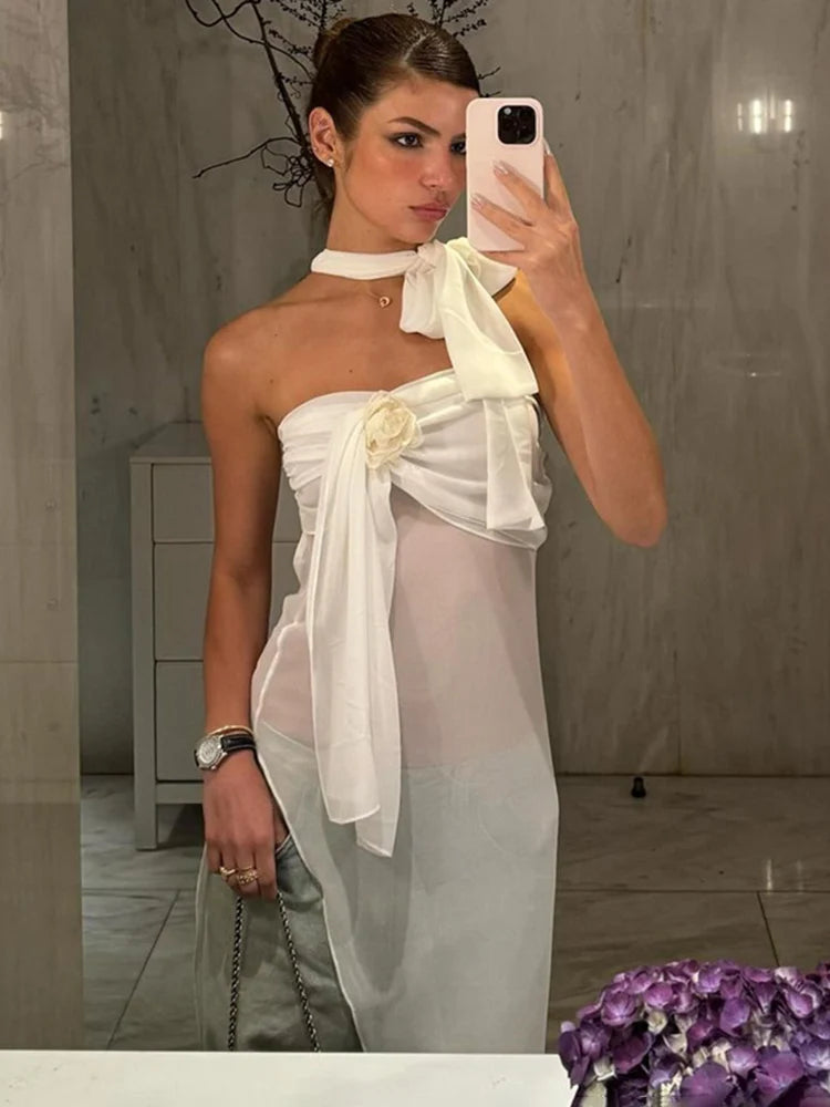 Tossy One-shoulder Scarf Bow See-through Irregular Strap Dress For Women Sexy Mesh Summer New White Split Evening Party Dress