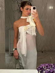 Tossy One-shoulder Scarf Bow See-through Irregular Strap Dress For Women Sexy Mesh Summer New White Split Evening Party Dress