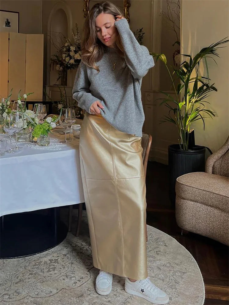 Tossy PU Metallic Shiny Long Skirt High Waist Split Streetwear Vintage Maxi Skirt