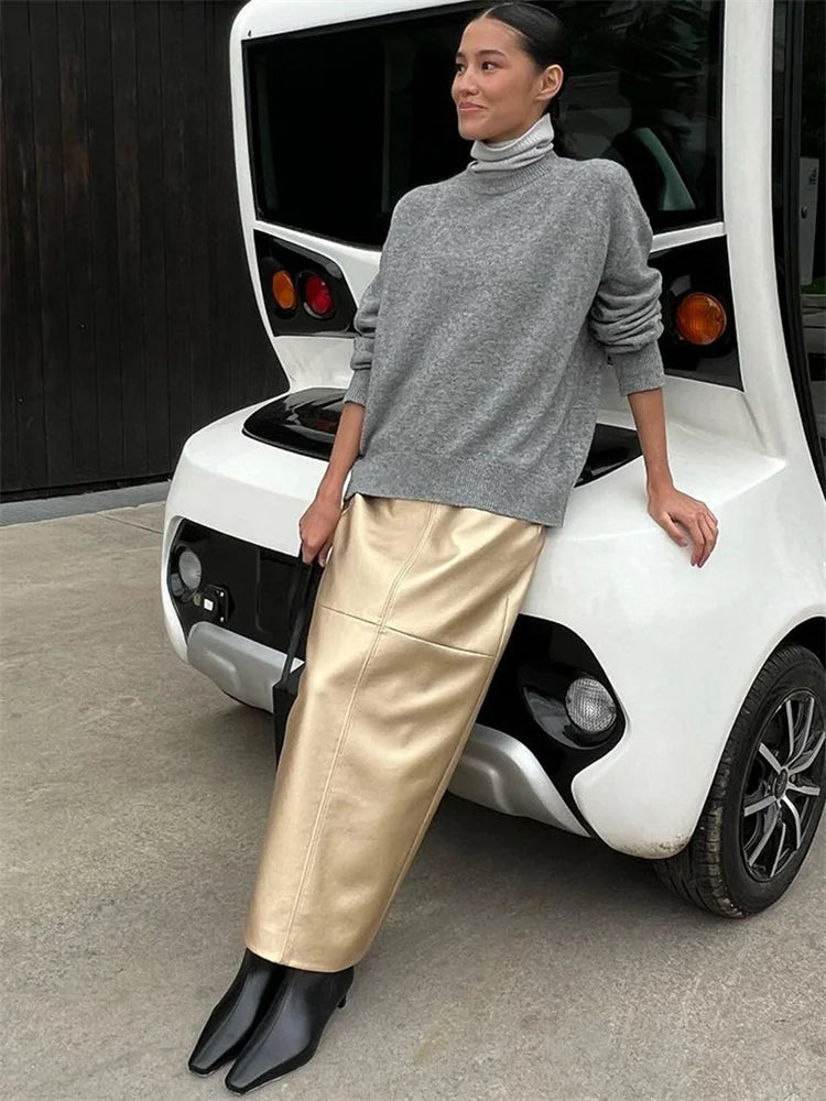 Tossy PU Metallic Shiny Long Skirt High Waist Split Streetwear Vintage Maxi Skirt