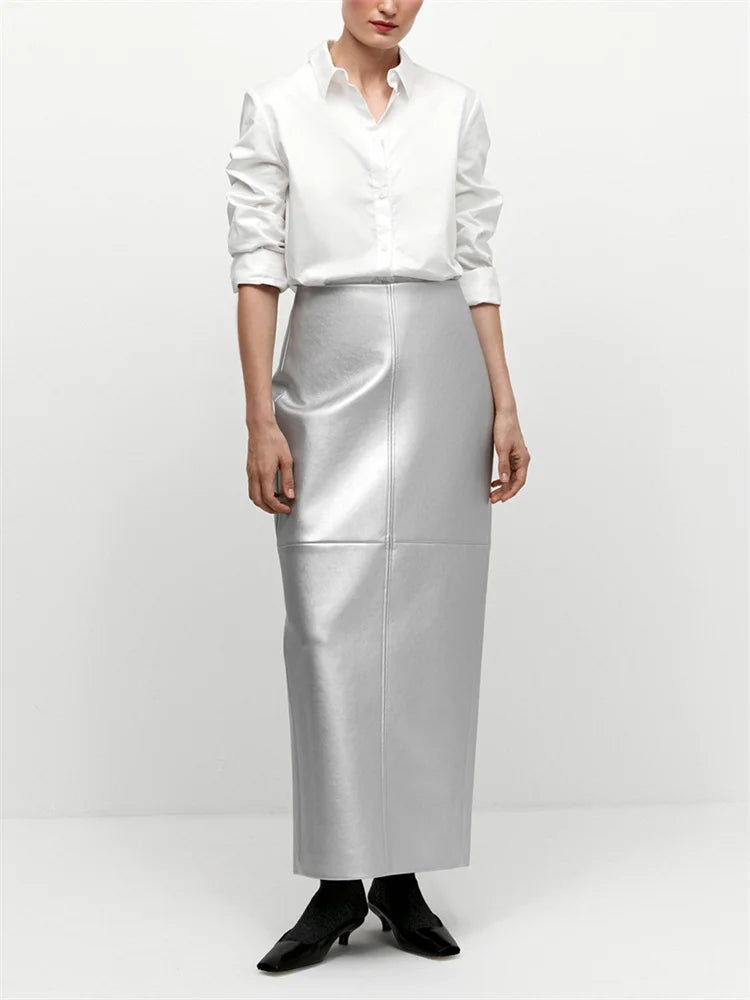 Tossy PU Metallic Shiny Long Skirt High Waist Split Streetwear Vintage Maxi Skirt