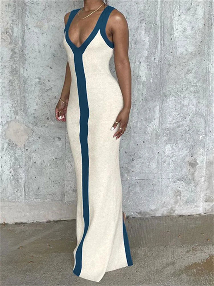 Tossy Patchwork Contrast Slim Maxi Dress Female Off-Shoulder Sexy V-Neck Party Dress High Waist Beach Holiday Outfits Long Dress