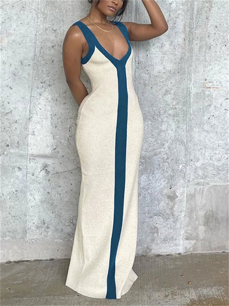 Tossy Patchwork Contrast Slim Maxi Dress Female Off-Shoulder Sexy V-Neck Party Dress High Waist Beach Holiday Outfits Long Dress