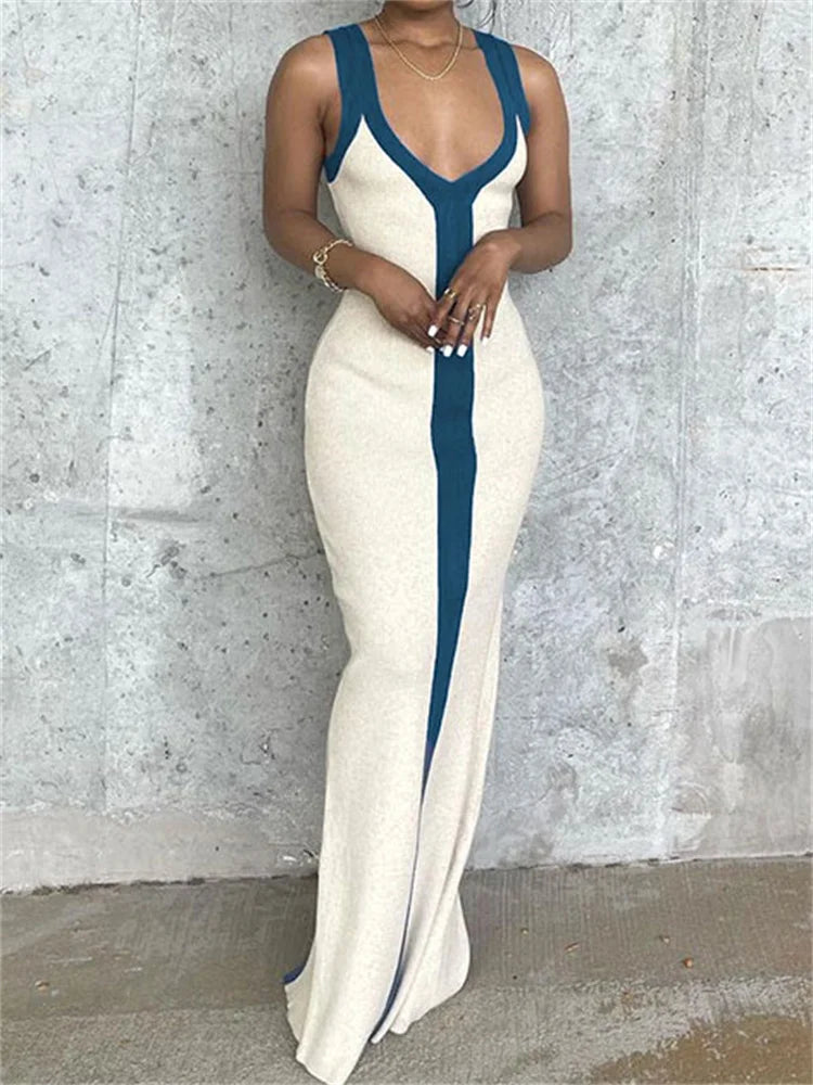 Tossy Patchwork Contrast Slim Maxi Dress Female Off-Shoulder Sexy V-Neck Party Dress High Waist Beach Holiday Outfits Long Dress