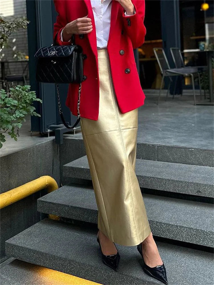 Tossy Patchwork High Waist Solid Long Skirt Women Metallic Casual Elegant Slim PU Maxi Dress Female Autumn Fashion Maxi Skirt