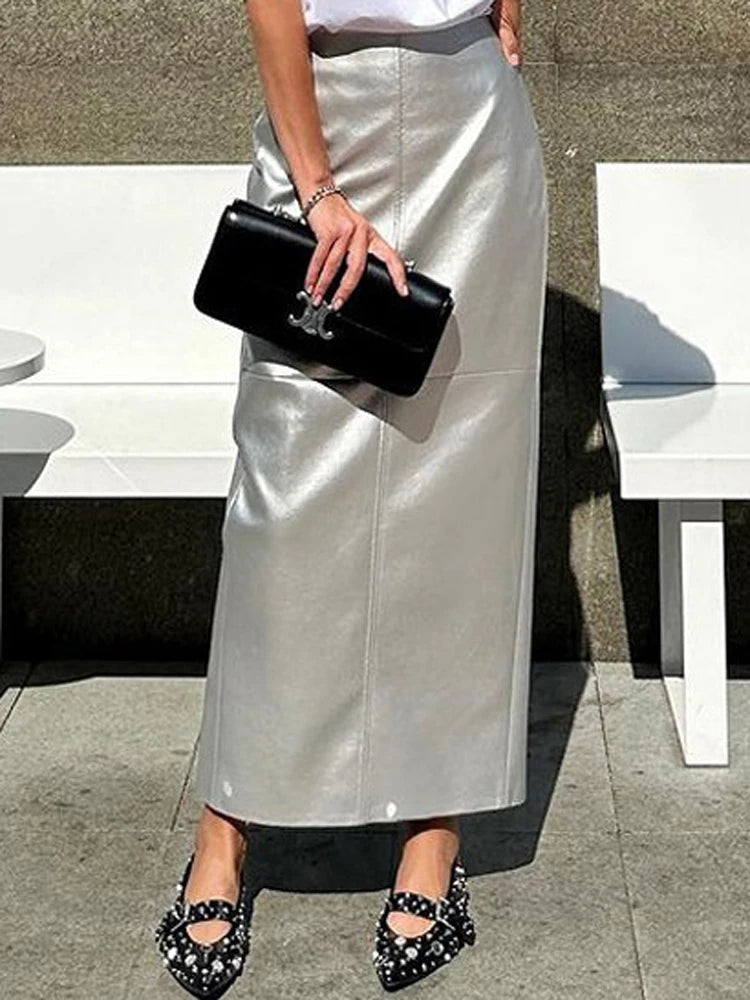 Tossy Patchwork High Waist Solid Long Skirt Women Metallic Casual Elegant Slim PU Maxi Dress Female Autumn Fashion Maxi Skirt