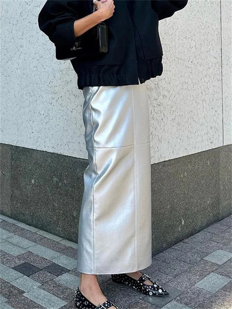 Tossy Patchwork High Waist Solid Long Skirt Women Metallic Casual Elegant Slim PU Maxi Dress Female Autumn Fashion Maxi Skirt