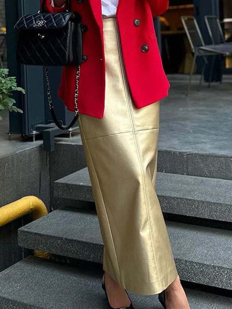 Tossy Patchwork High Waist Solid Long Skirt Women Metallic Casual Elegant Slim PU Maxi Dress Female Autumn Fashion Maxi Skirt