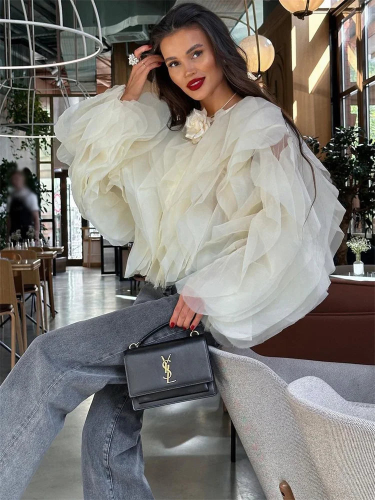 Tossy Patchwork Ruffled White Shirts Fashion Elegant For Women High Waist Long Sleeve Casual Streetwear Ladies Blouse Top 2024