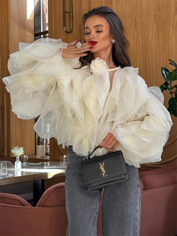 Tossy Patchwork Ruffled White Shirts Fashion Elegant For Women High Waist Long Sleeve Casual Streetwear Ladies Blouse Top 2024