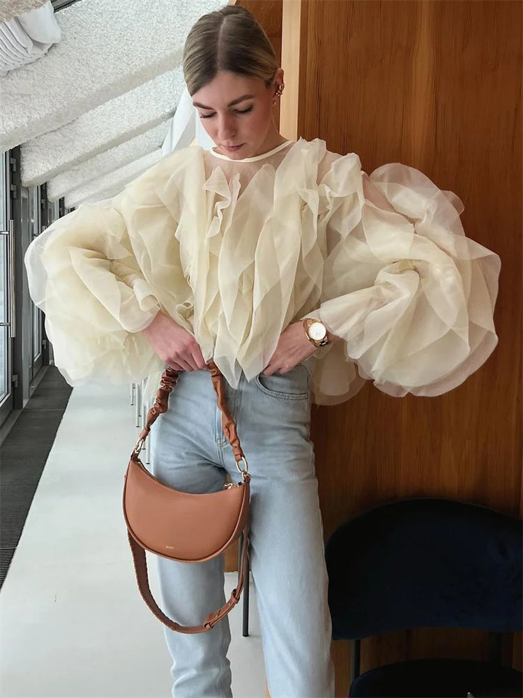 Tossy Patchwork Ruffled White Shirts Fashion Elegant For Women High Waist Long Sleeve Casual Streetwear Ladies Blouse Top 2024