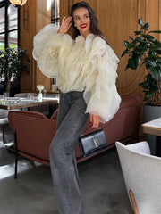 Tossy Patchwork Ruffled White Shirts Fashion Elegant For Women High Waist Long Sleeve Casual Streetwear Ladies Blouse Top 2024