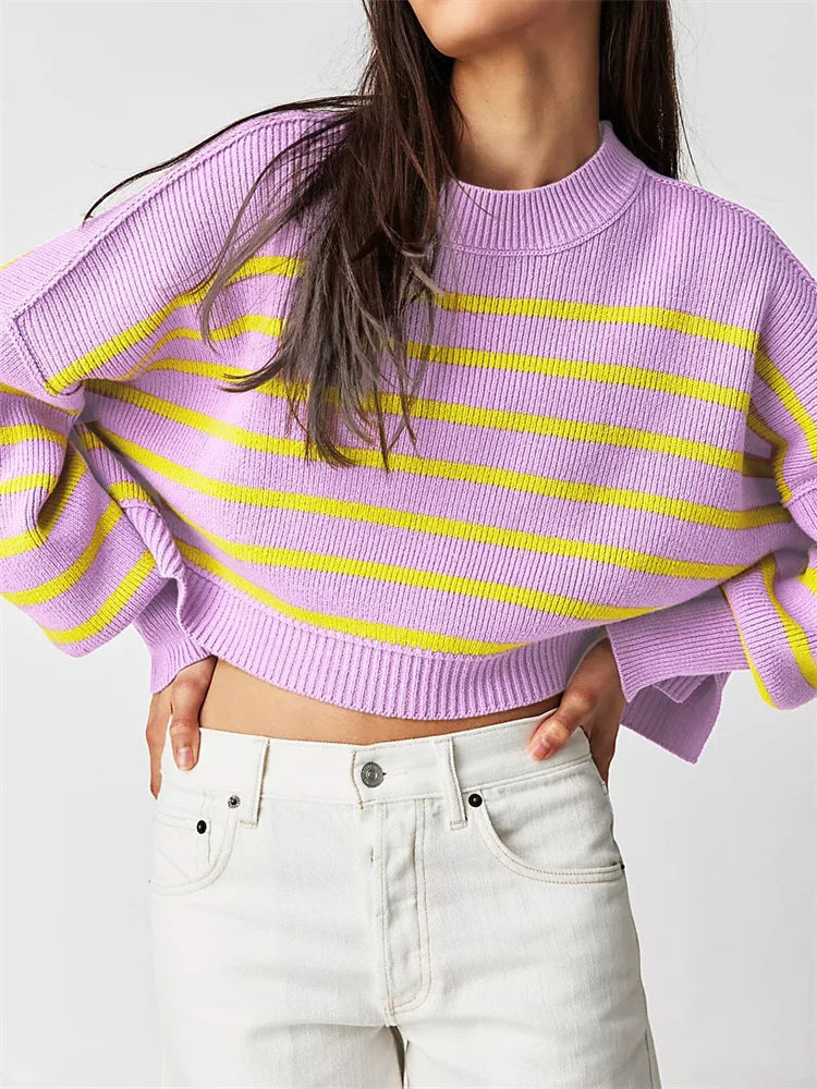 Tossy Pink Female Knitwear Top Long Sleeve Fashion Casual Ladies Knit Pullover Solid High Street Loose Female Pullover Crop top