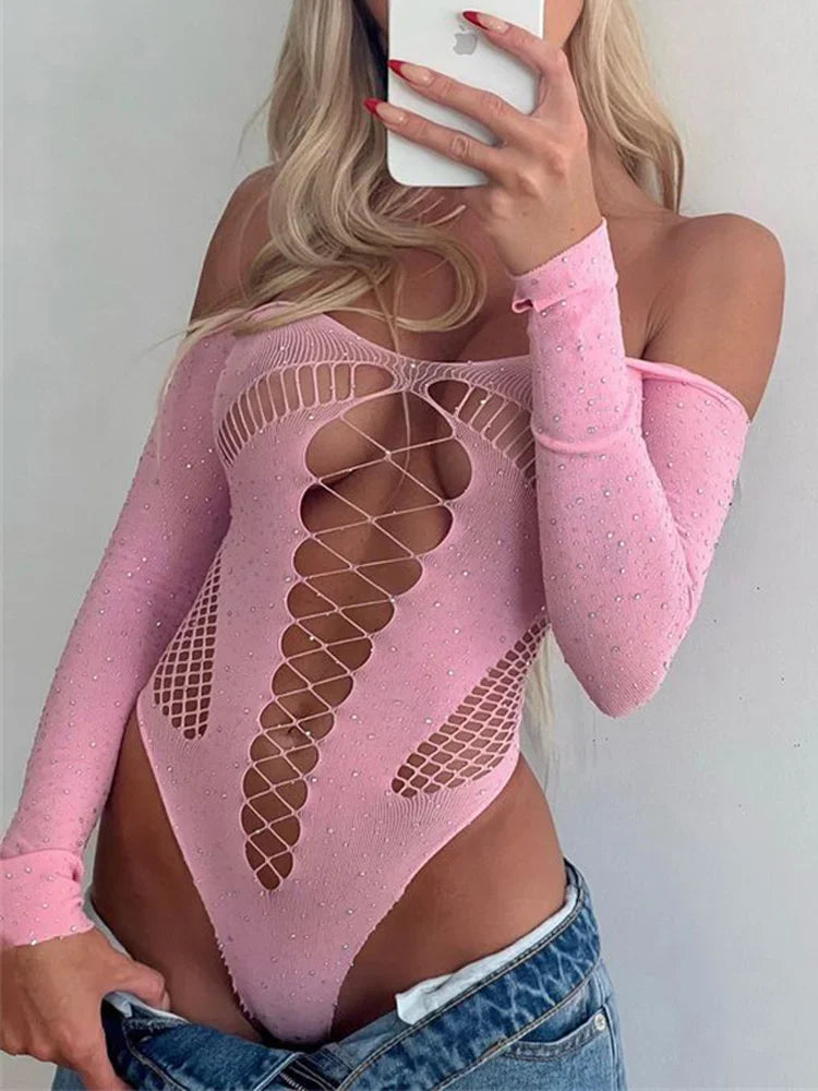 Tossy Pink Lace Off-Shoulder Bodysuit Top – Sexy Hollow Out Mesh Sheer Nightclub Lingerie