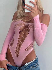 Tossy Pink Lace Off-Shoulder Bodysuit Top – Sexy Hollow Out Mesh Sheer Nightclub Lingerie