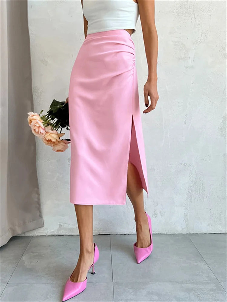 Tossy Pink Summer Fashion Long Skirt For Women Y2k Outfits Side Split Pleated High Waist Ladies Skirt Fashion Solid Maxi Skirt