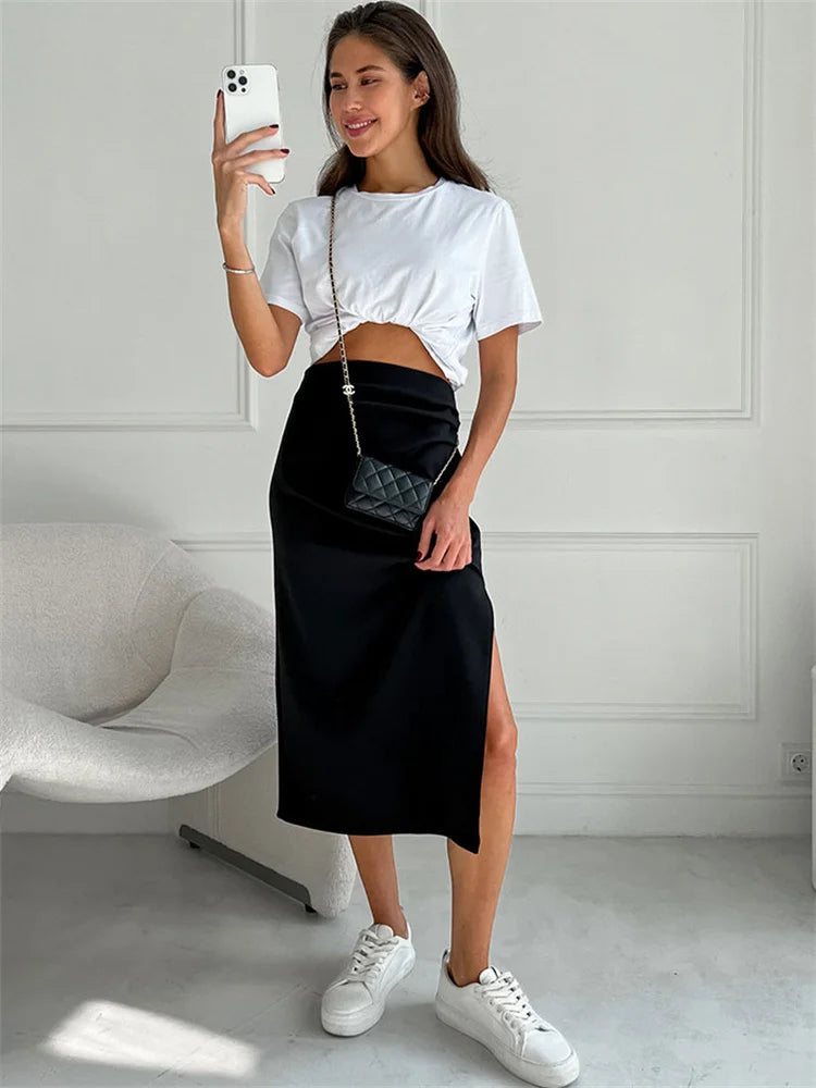 Tossy Pink Summer Fashion Long Skirt For Women Y2k Outfits Side Split Pleated High Waist Ladies Skirt Fashion Solid Maxi Skirt