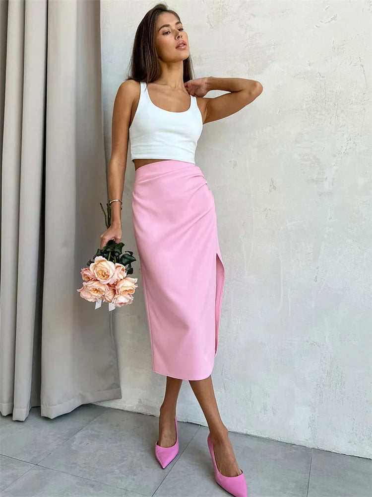 Tossy Pink Summer Fashion Long Skirt For Women Y2k Outfits Side Split Pleated High Waist Ladies Skirt Fashion Solid Maxi Skirt