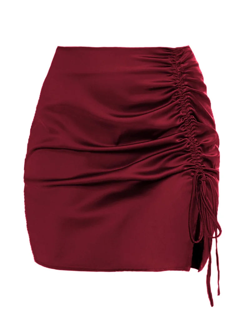 Tossy Pleated Lace-Up Satin Mini Skirt Side Split Fashion For Women Skirt Solid High Waist Zipper Casual Outfit Ladies Skirt