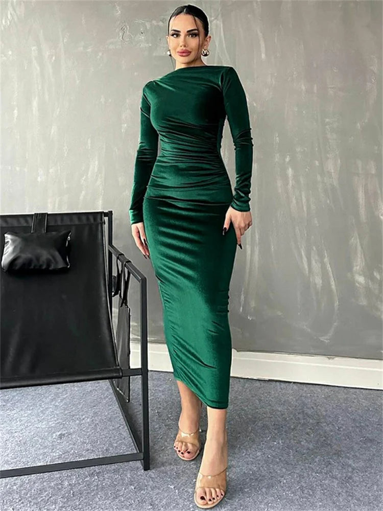 Tossy Pleated Solid Slim Maxi Dress For Women High Waist Long Sleeve Patchwork Elegant Fashion Party Dress Ladies Long Dress New