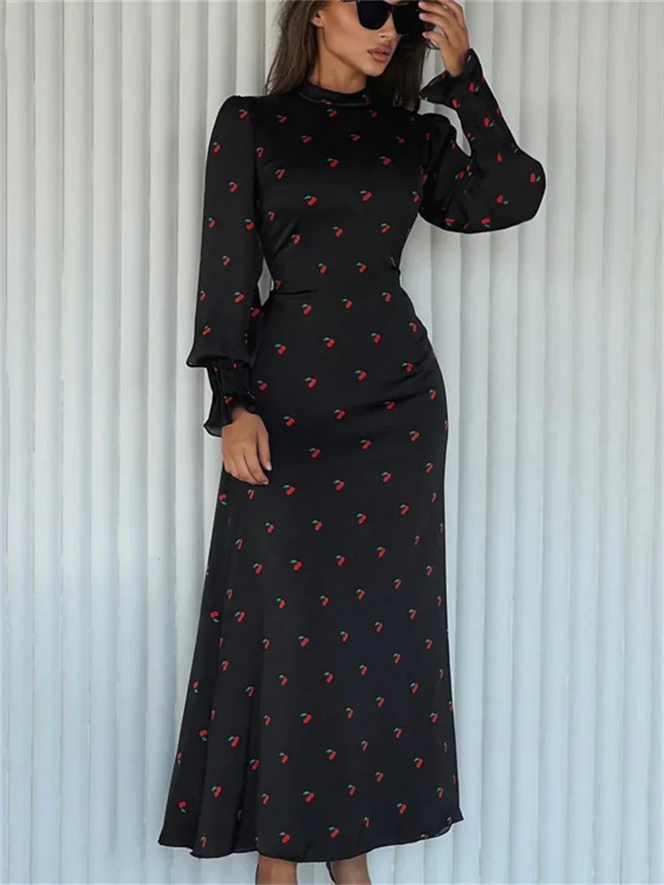 Tossy Printed Bandage Fashion Long Dress Ladies Elegant Satin High Street Party Dress Casual Long Sleeve Patchwork Maxi Dress