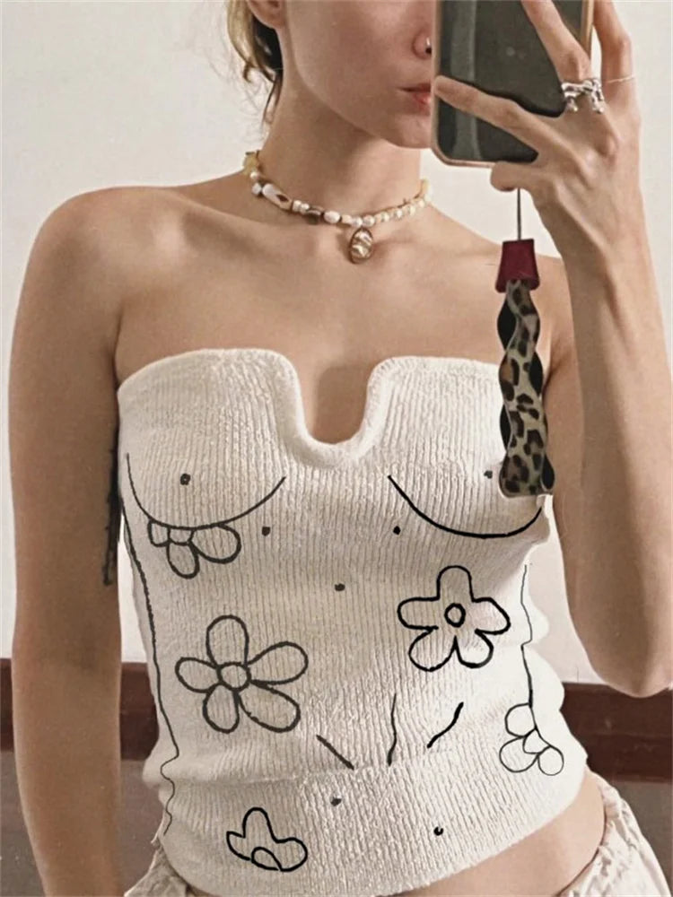 Tossy Printed Knit Tube Tops For Women Cute Sleeveless Slim Pullover Summer High Waist Strapless Knitwear Female Y2k Top Vest