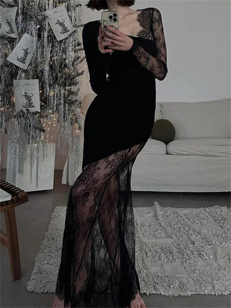 Tossy Printed See-Through Black Maxi Dress Women High Waist Lace Slim Mesh Patchwork Sexy Long Dress Party Looks Female Dress