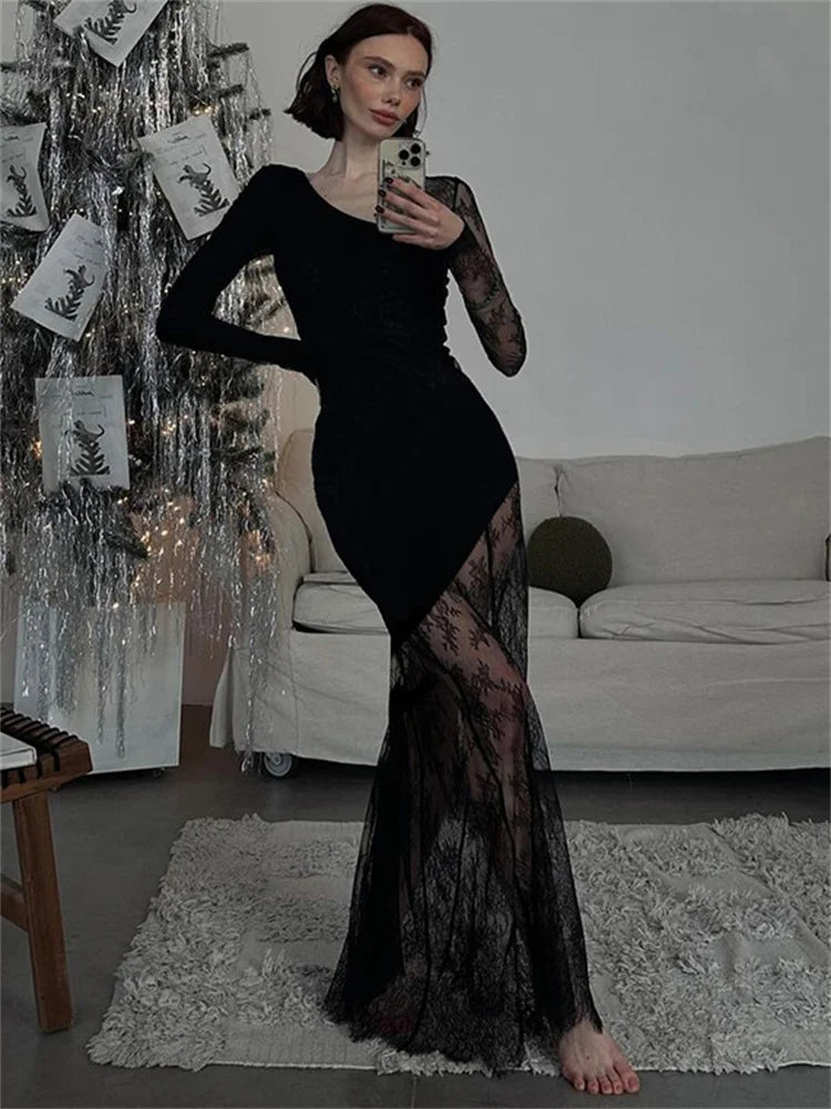 Tossy Printed See-Through Black Maxi Dress Women High Waist Lace Slim Mesh Patchwork Sexy Long Dress Party Looks Female Dress