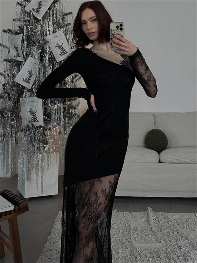 Tossy Printed See-Through Black Maxi Dress Women High Waist Lace Slim Mesh Patchwork Sexy Long Dress Party Looks Female Dress