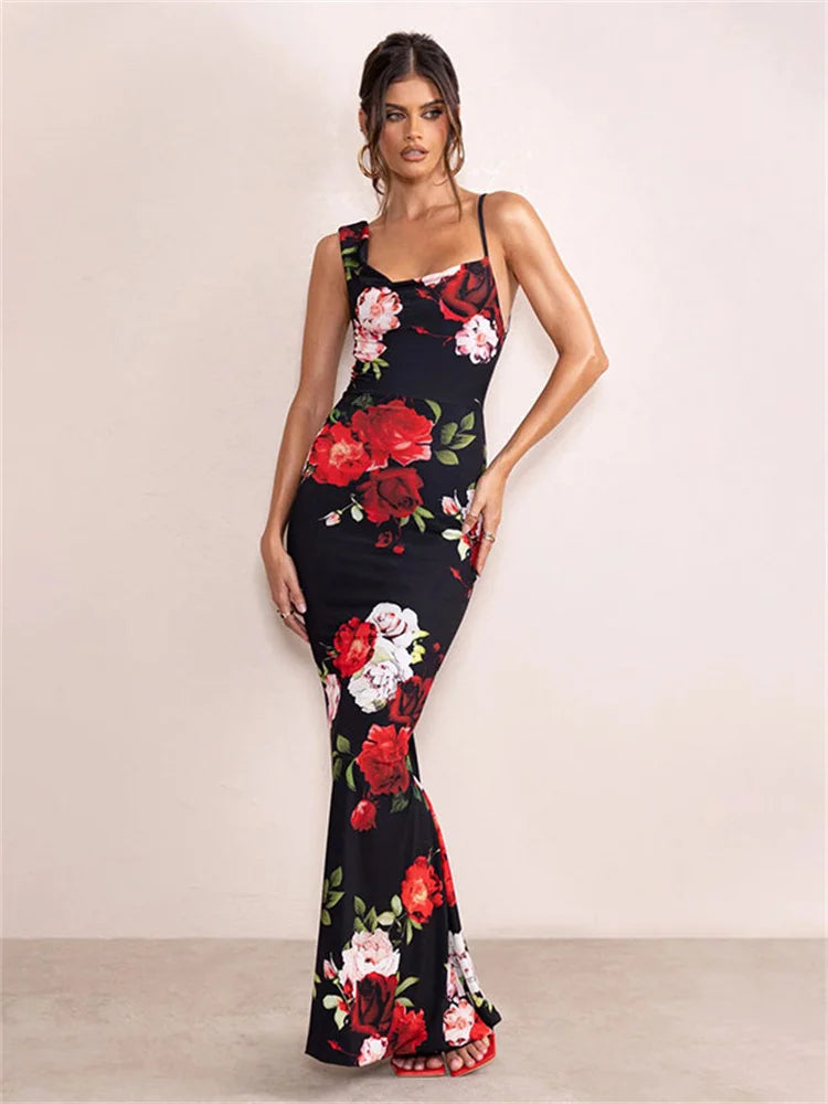 Tossy Printed Slim For Women Halter Dress Elegant Backless Patchwork High Waist Party Dress Evening Rose Print Female Maxi Dress