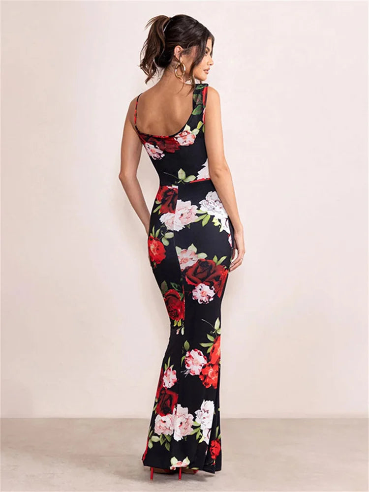 Tossy Printed Slim For Women Halter Dress Elegant Backless Patchwork High Waist Party Dress Evening Rose Print Female Maxi Dress