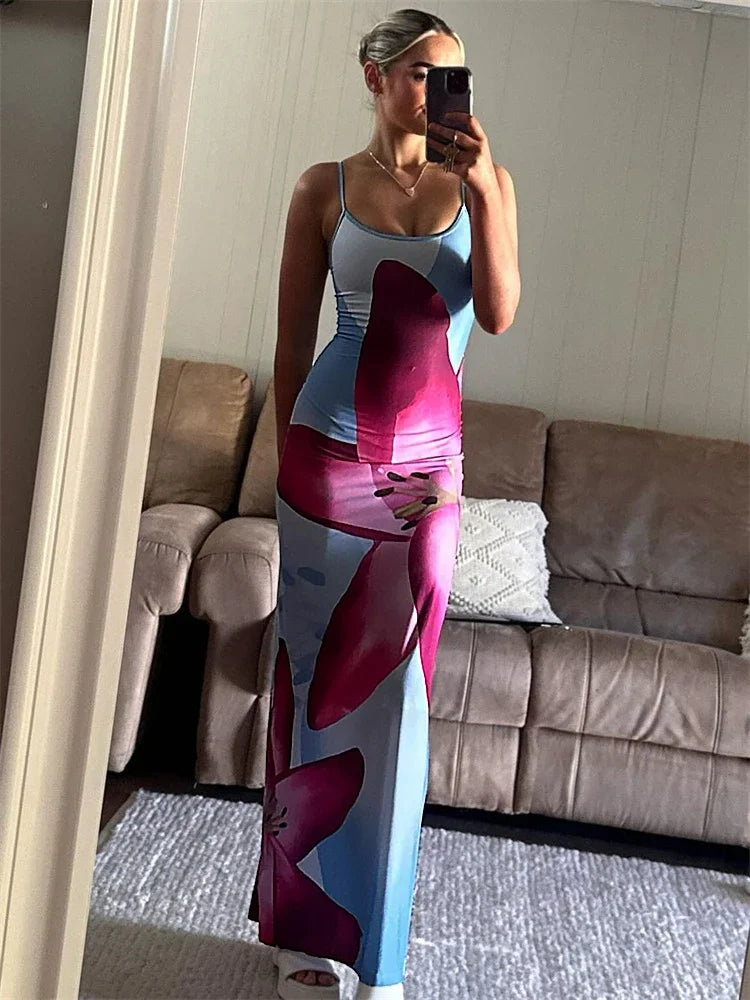 Tossy Printed Spaghetti Hot Backless Maxi Dress – Women’s Fashion Slim Elegant Contrast Patchwork Halter Autumn Long Dress