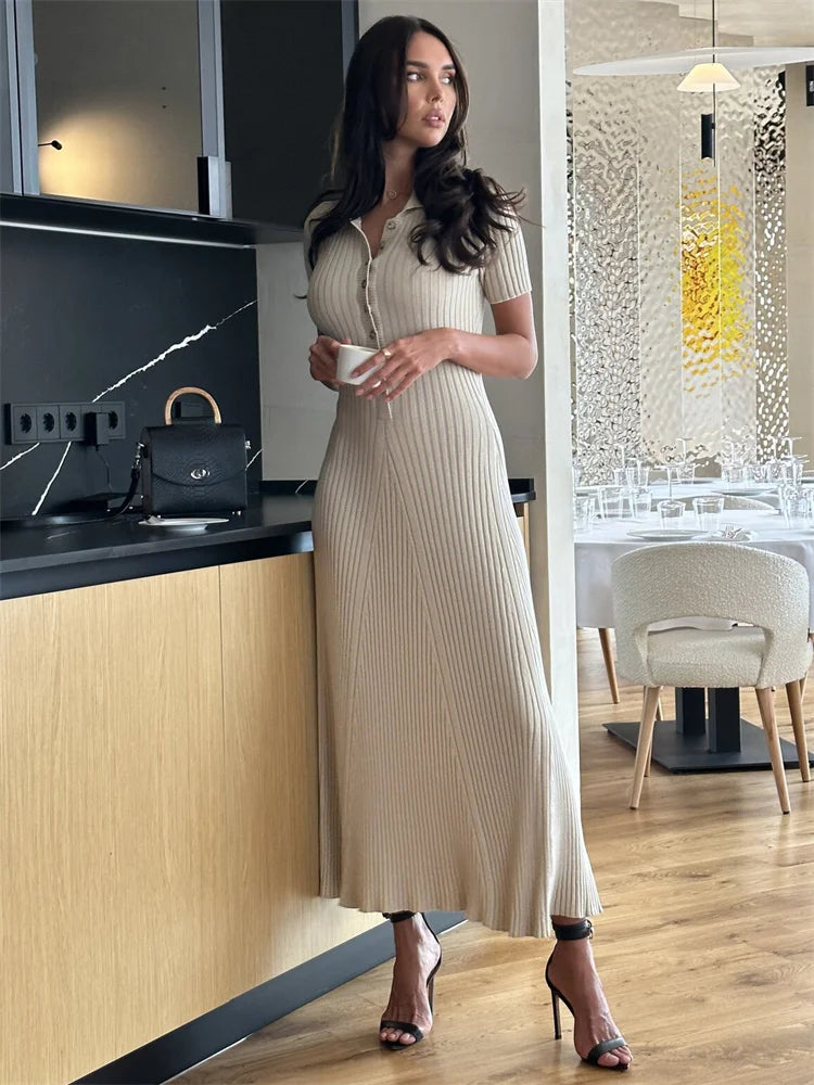 Tossy Ribbed High Waist Slim Maxi Dress For Women Knitwear Lapel Casual Elegant Party Dress Gown Fashion Short Sleeve Knit Dress