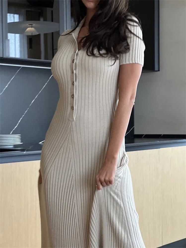 Tossy Ribbed High Waist Slim Maxi Dress For Women Knitwear Lapel Casual Elegant Party Dress Gown Fashion Short Sleeve Knit Dress